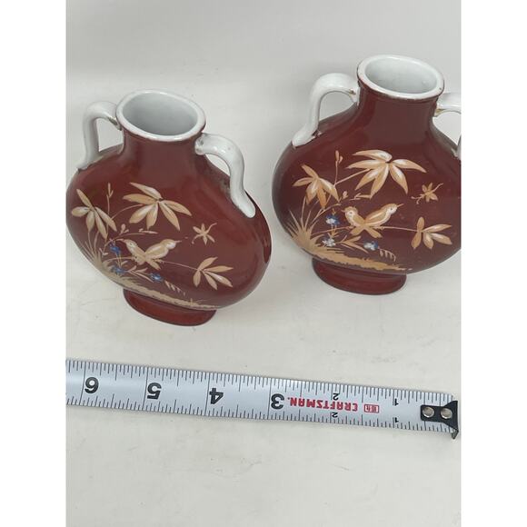 RARE! Pair Flambe OXBLOOD Red Chinese Porcelain Bird Vase ~Vintage - Picture 8 of 10